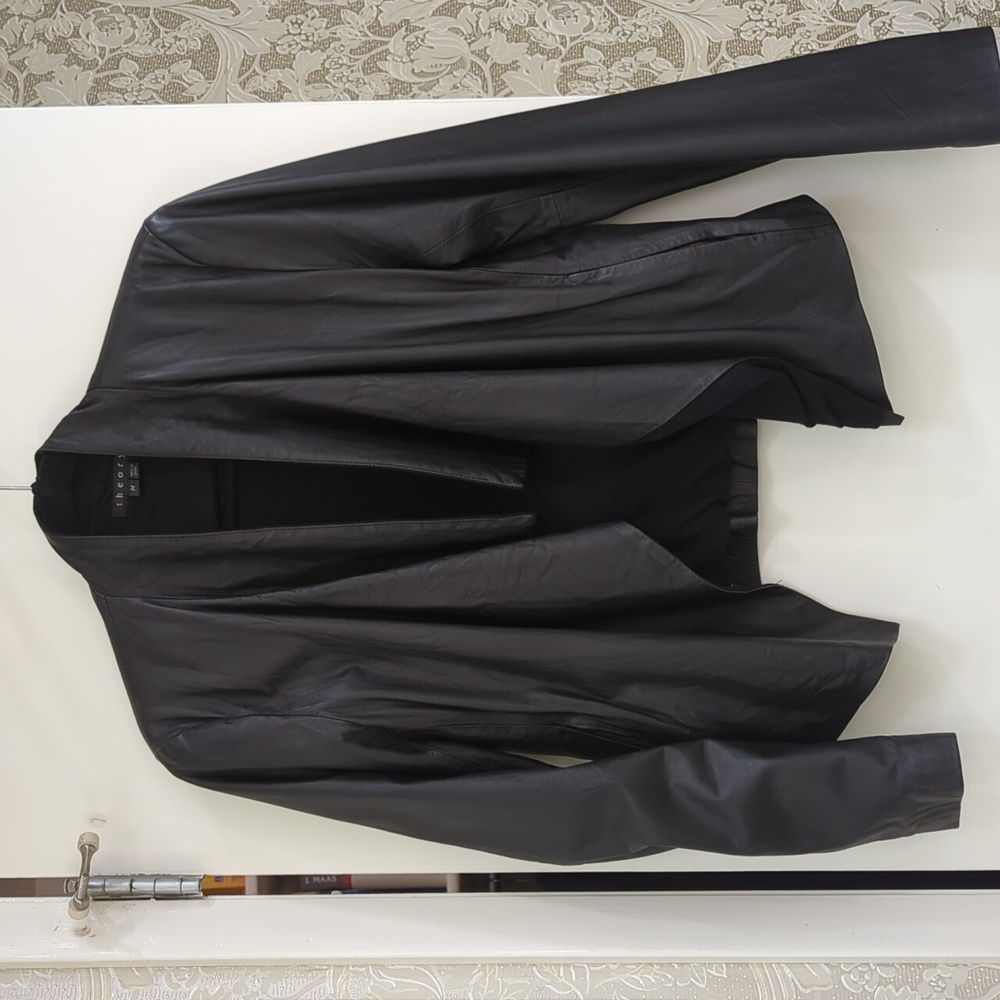 Theory Black leather draped jacket